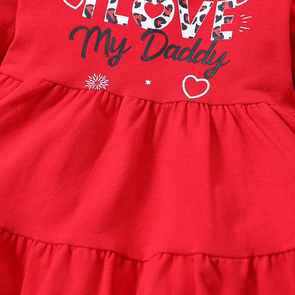 3pcs Baby Girl 95% Cotton Long-sleeve Letter Print Ruffle Hem Dress and Leopard Leggings with Headband Set Red big image 5