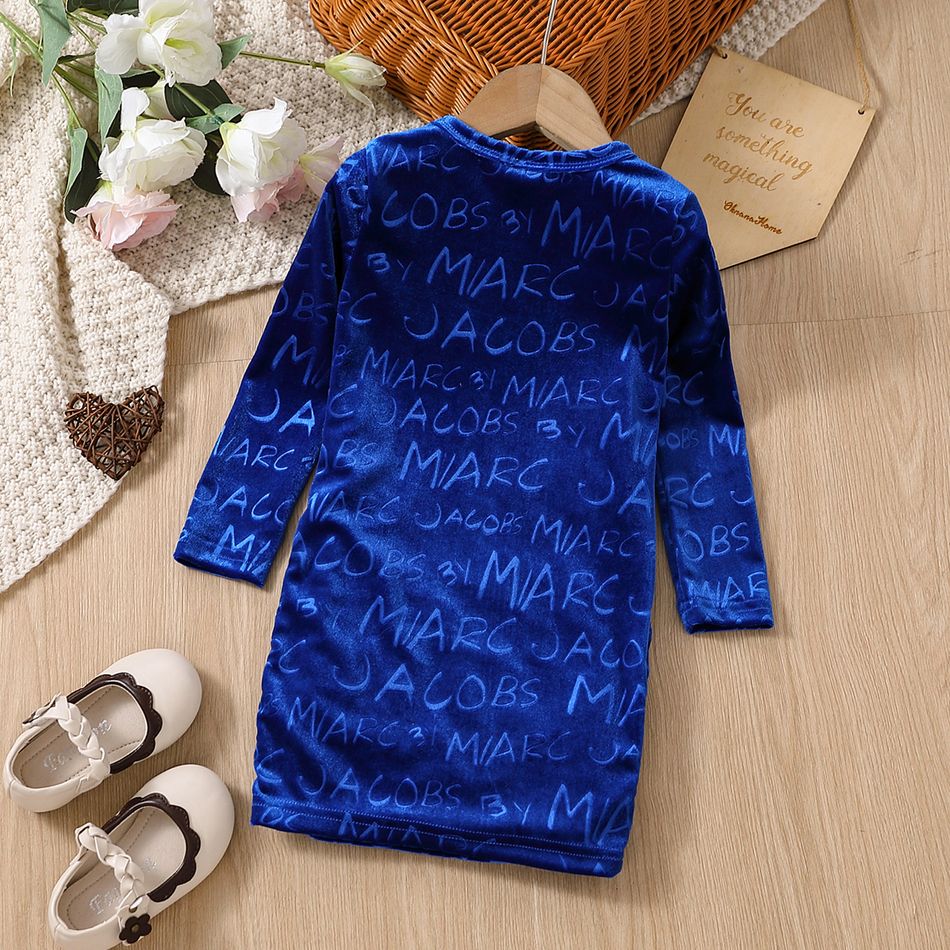 Toddler Girl Trendy Letter Print Ruched Long-sleeve Terry Dress royalblue big image 2