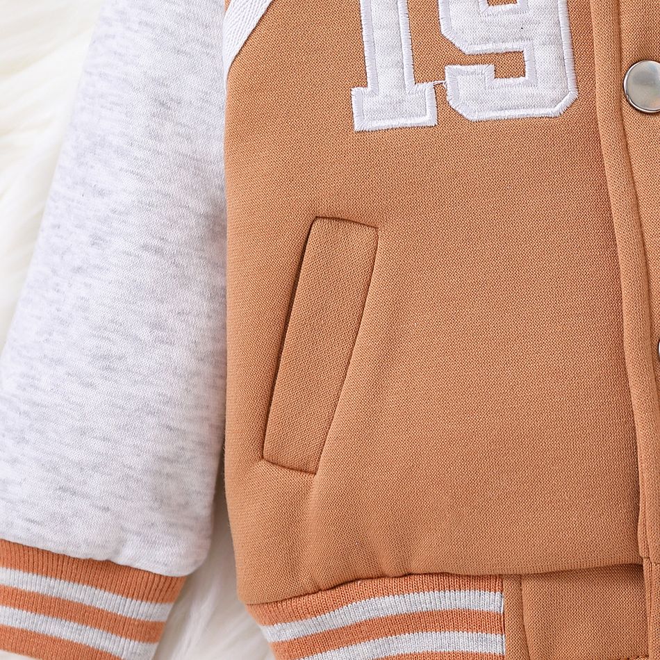Baby Boy/Girl Number Embroidered Long-sleeve Varsity Jacket Khaki big image 4