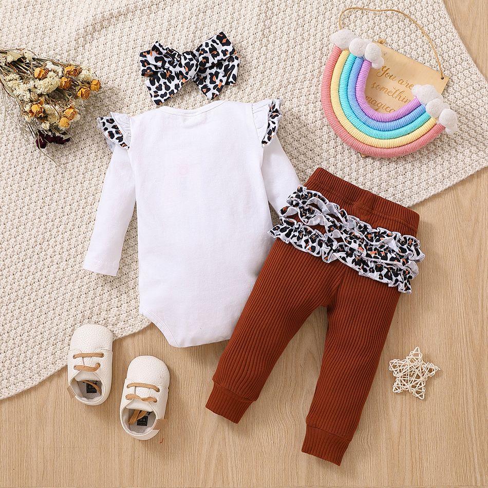 3pcs Baby Girl 95% Cotton Ruffle Long-sleeve Leopard Rainbow & Letter Print Romper and Rib Knit Pants with Headband Set White big image 2