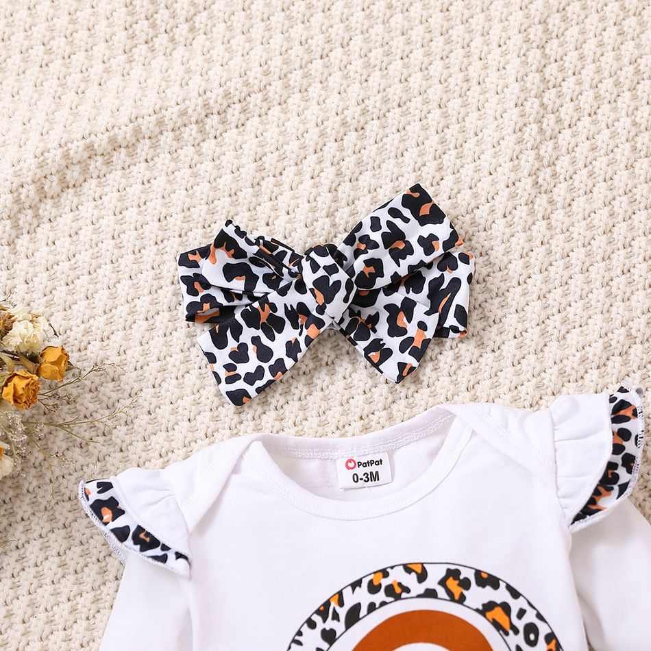 3pcs Baby Girl 95% Cotton Ruffle Long-sleeve Leopard Rainbow & Letter Print Romper and Rib Knit Pants with Headband Set White big image 4