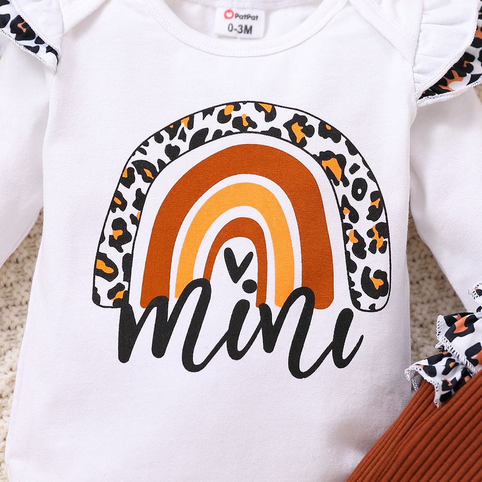 3pcs Baby Girl 95% Cotton Ruffle Long-sleeve Leopard Rainbow & Letter Print Romper and Rib Knit Pants with Headband Set White big image 5