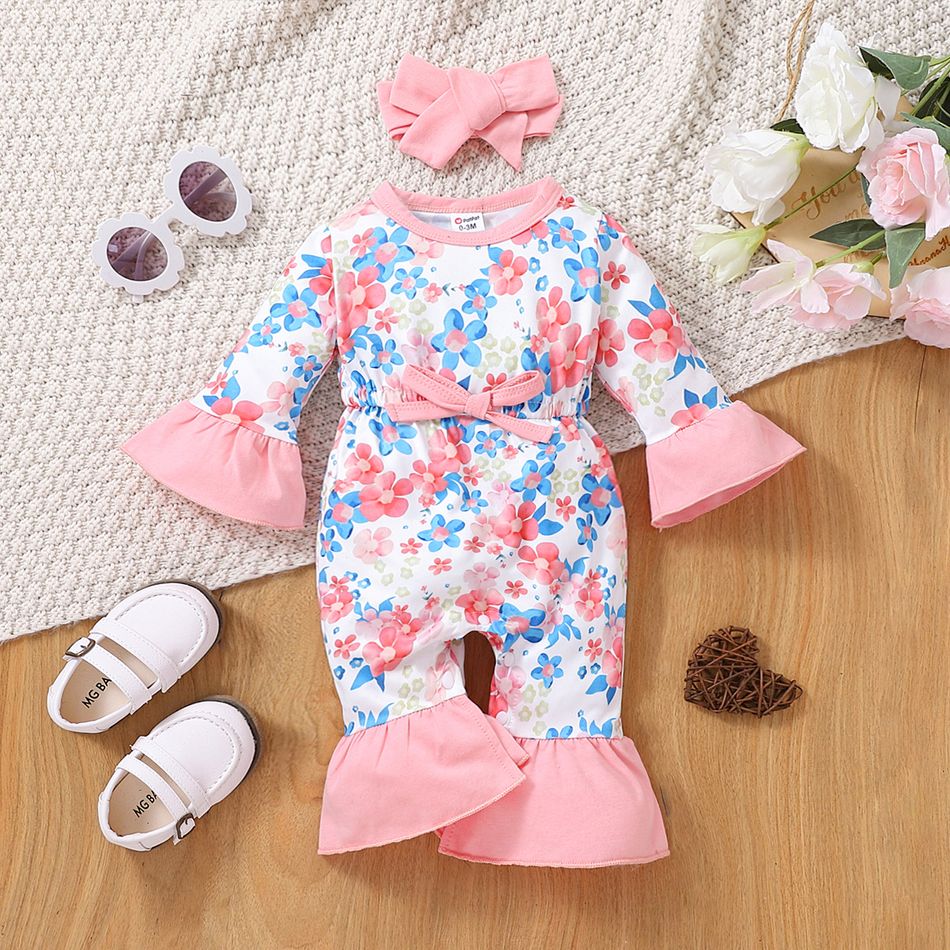 2pcs Baby Girl Allover Floral Print Flare-sleeve Bell Bottom Jumpsuit with Headband Set Pink