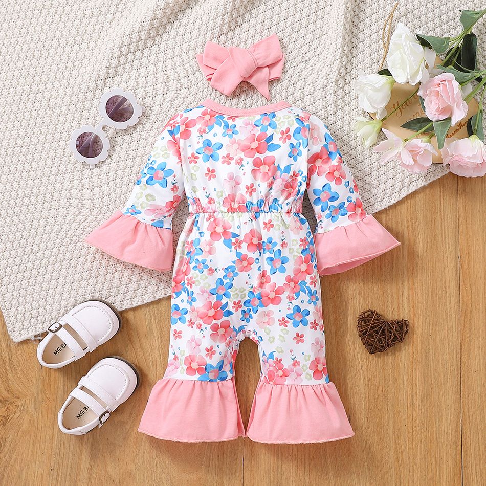 2pcs Baby Girl Allover Floral Print Flare-sleeve Bell Bottom Jumpsuit with Headband Set Pink big image 2
