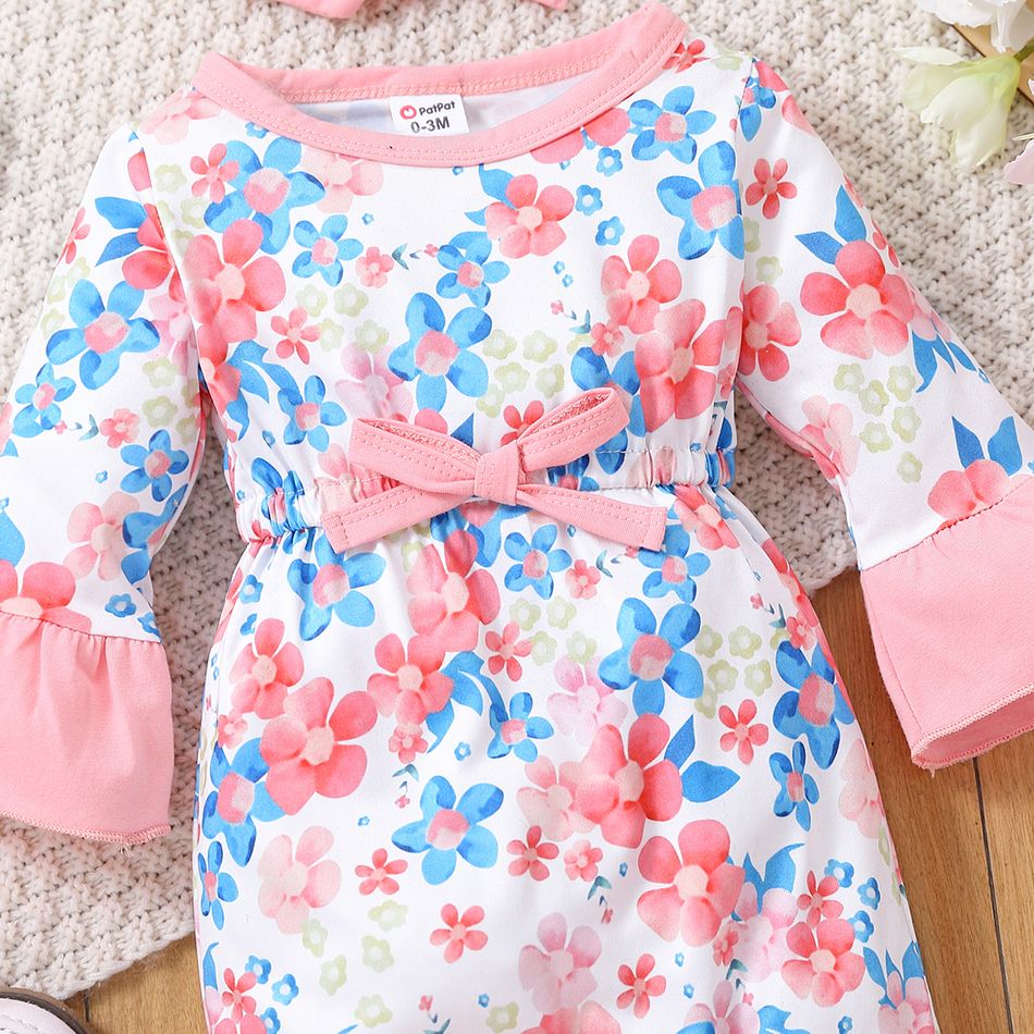 2pcs Baby Girl Allover Floral Print Flare-sleeve Bell Bottom Jumpsuit with Headband Set Pink big image 4