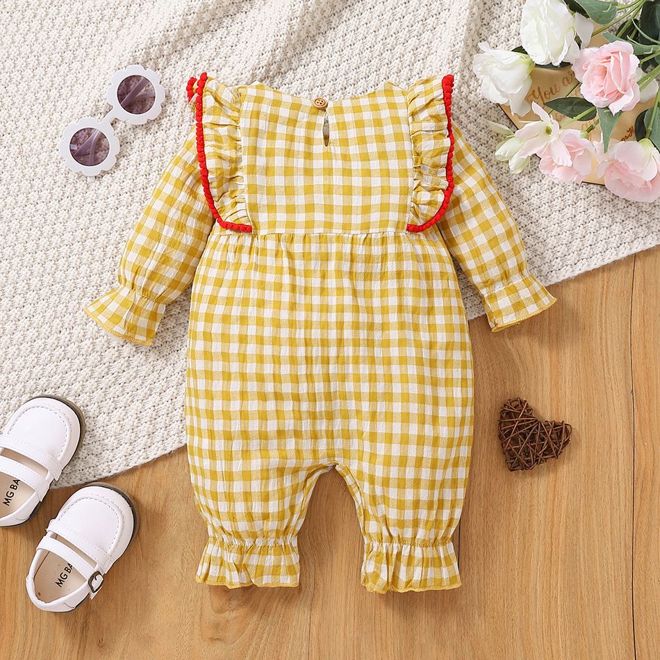 Baby Girl 100% Cotton Gingham Floral Embroidered Ruffle Trim Long-sleeve Jumpsuit Ginger big image 2