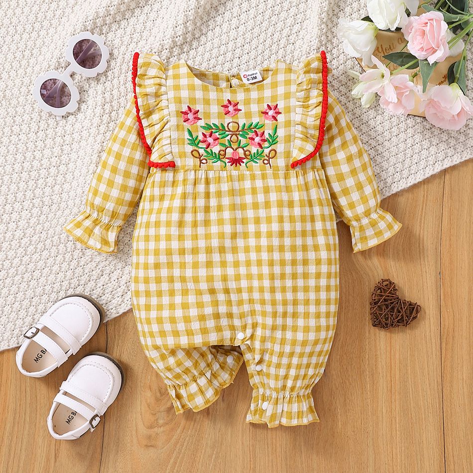 Baby Girl 100% Cotton Gingham Floral Embroidered Ruffle Trim Long-sleeve Jumpsuit Ginger big image 1