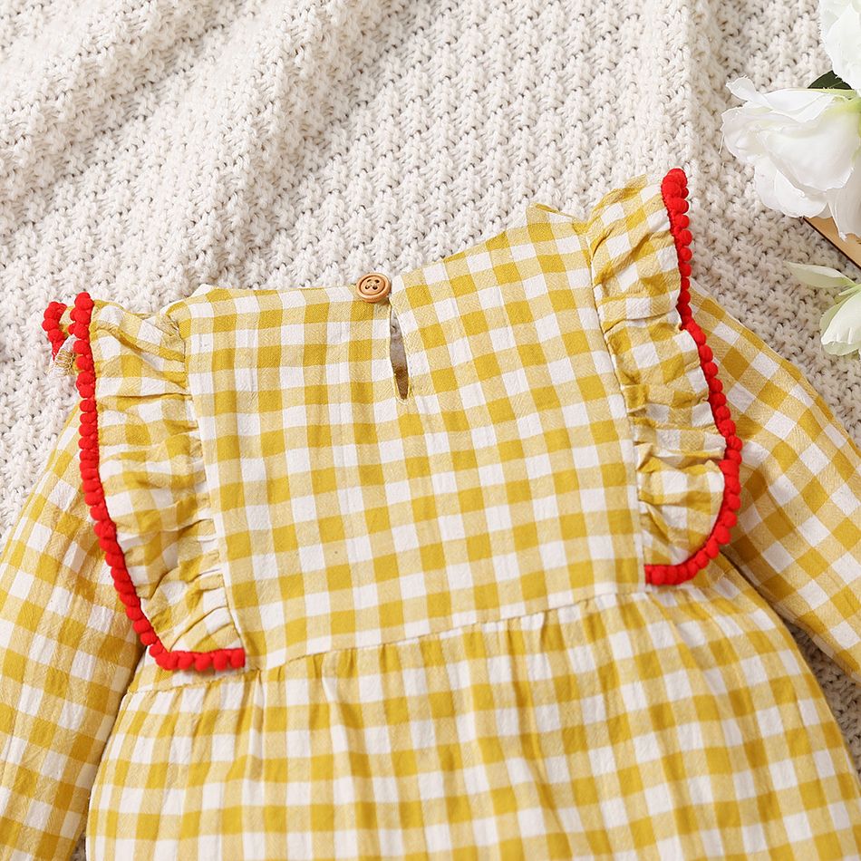 Baby Girl 100% Cotton Gingham Floral Embroidered Ruffle Trim Long-sleeve Jumpsuit Ginger
