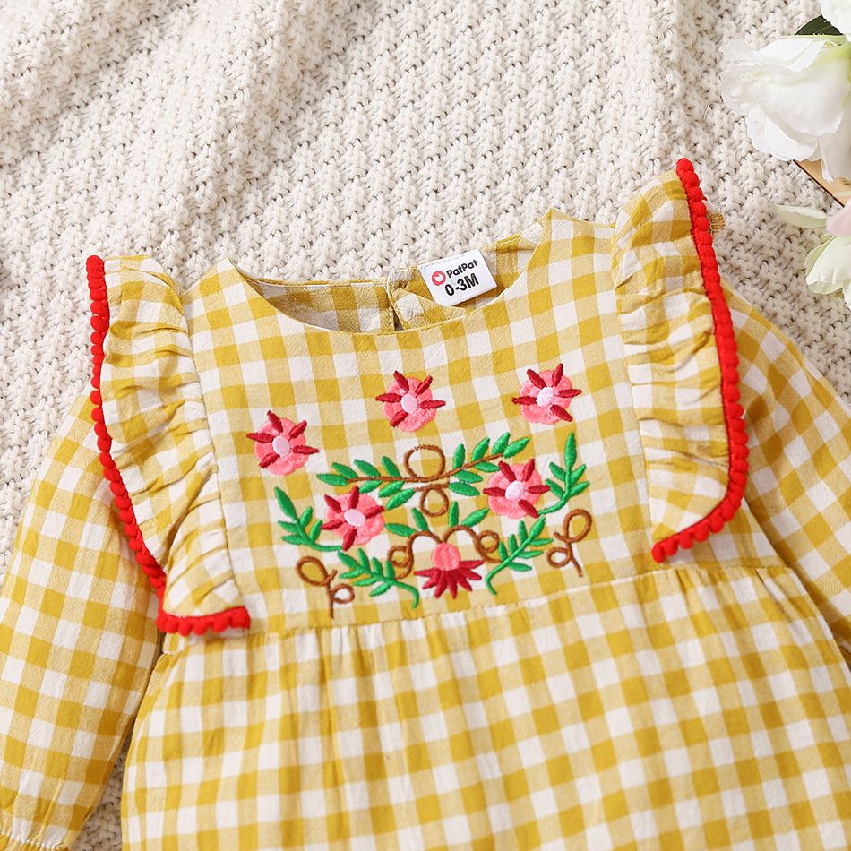 Baby Girl 100% Cotton Gingham Floral Embroidered Ruffle Trim Long-sleeve Jumpsuit Ginger big image 3
