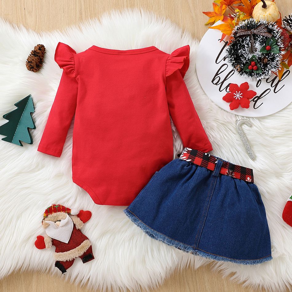 Christmas 2pcs Baby Girl 100% Cotton Ripped Denim Skirt and Deer Graphic Ruffle Long-sleeve Romper Set Red big image 2