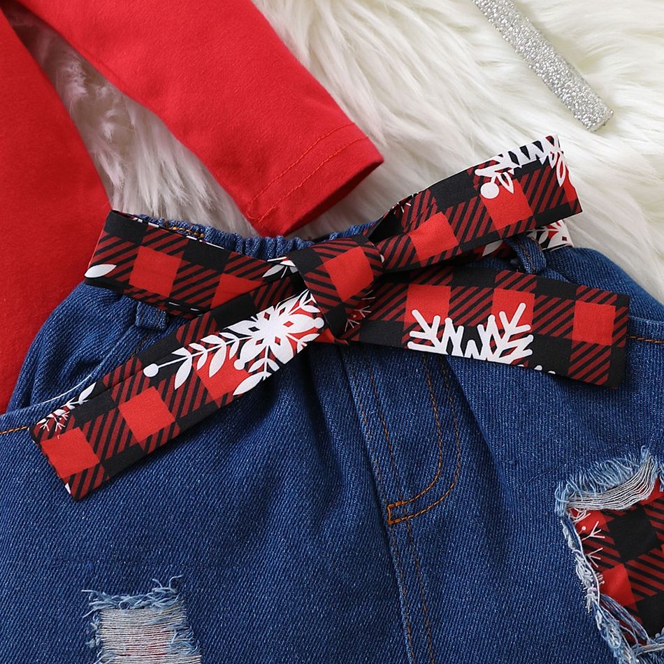 Christmas 2pcs Baby Girl 100% Cotton Ripped Denim Skirt and Deer Graphic Ruffle Long-sleeve Romper Set Red big image 7