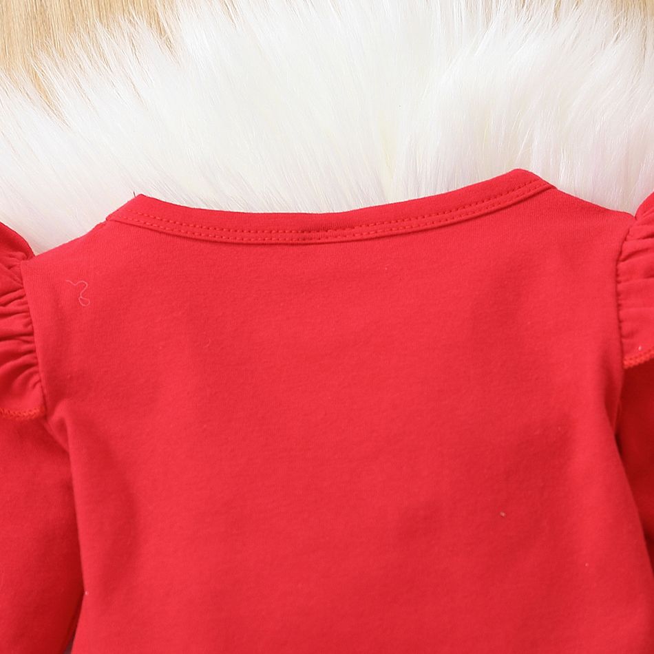Christmas 2pcs Baby Girl 100% Cotton Ripped Denim Skirt and Deer Graphic Ruffle Long-sleeve Romper Set Red big image 5