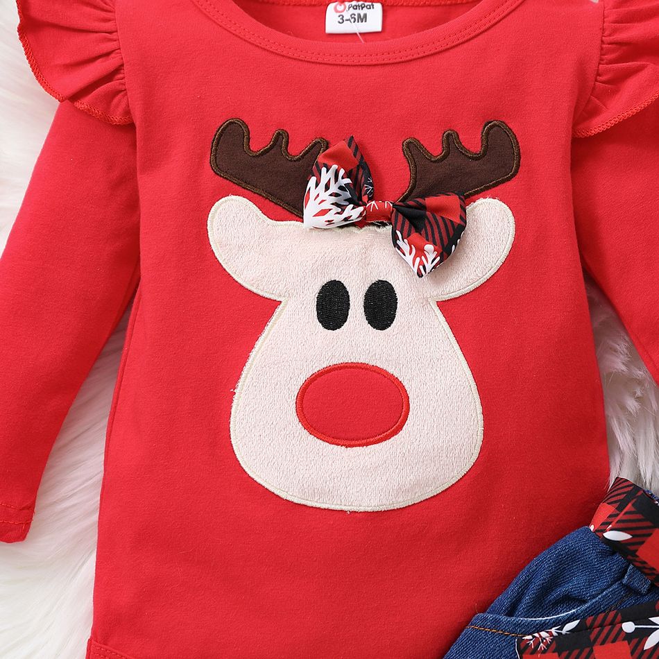 Christmas 2pcs Baby Girl 100% Cotton Ripped Denim Skirt and Deer Graphic Ruffle Long-sleeve Romper Set Red big image 6