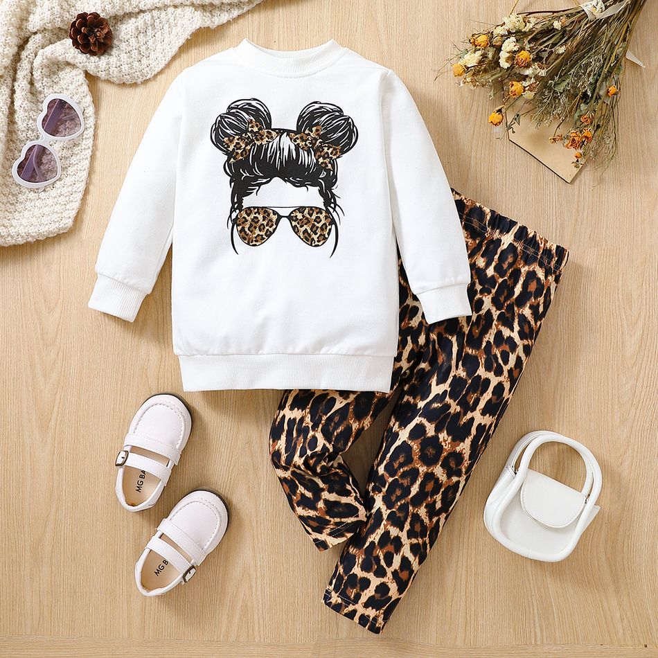 2pcs Toddler Girl Casual Figure Print Sweatshirt and Leopard Print Pants Set White big image 1