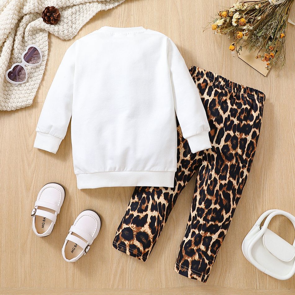 2pcs Toddler Girl Casual Figure Print Sweatshirt and Leopard Print Pants Set White big image 2