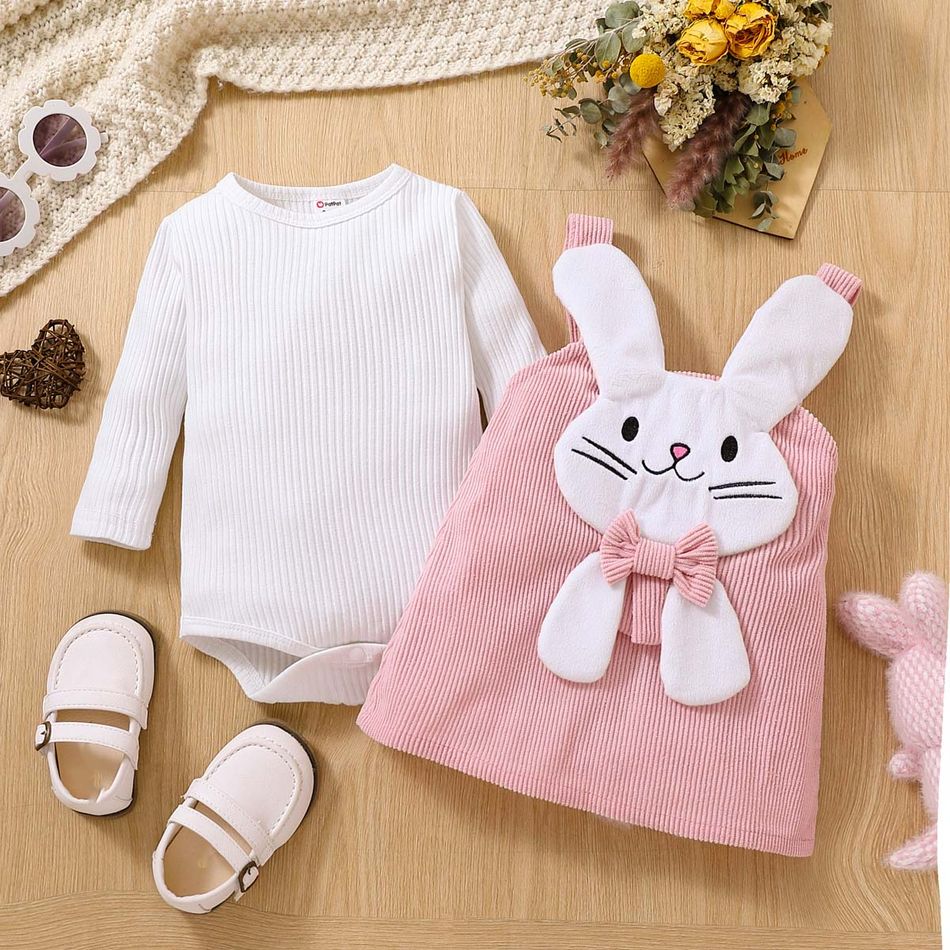 2pcs Baby Girl 95% Cotton Ribbed Long-sleeve Romper and Rabbit Design Corduroy Overall Dress Set PinkyWhite