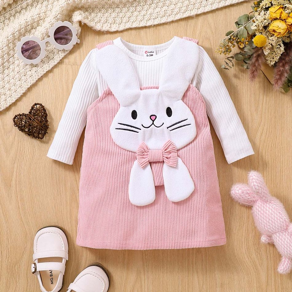 2pcs Baby Girl 95% Cotton Ribbed Long-sleeve Romper and Rabbit Design Corduroy Overall Dress Set PinkyWhite big image 2
