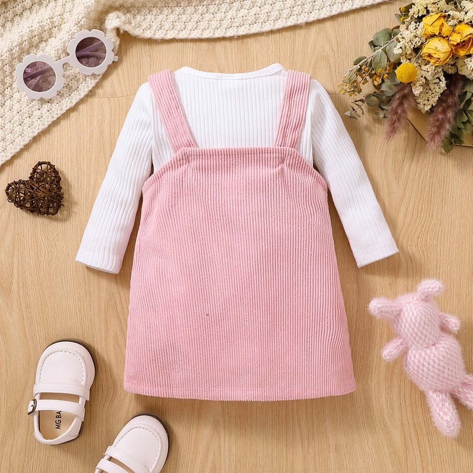 2pcs Baby Girl 95% Cotton Ribbed Long-sleeve Romper and Rabbit Design Corduroy Overall Dress Set PinkyWhite big image 3