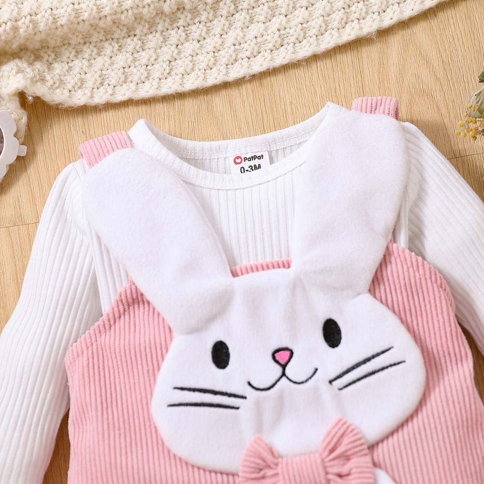 2pcs Baby Girl 95% Cotton Ribbed Long-sleeve Romper and Rabbit Design Corduroy Overall Dress Set PinkyWhite big image 7