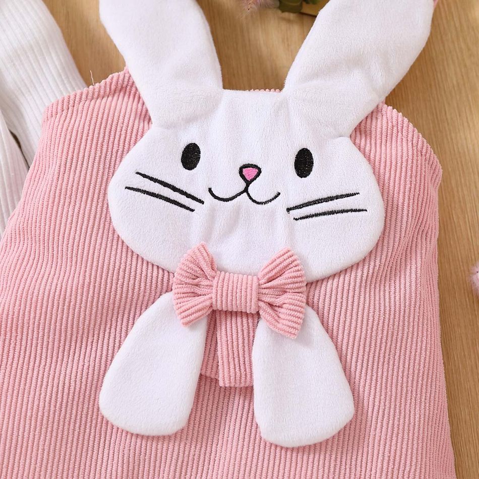 2pcs Baby Girl 95% Cotton Ribbed Long-sleeve Romper and Rabbit Design Corduroy Overall Dress Set PinkyWhite big image 8