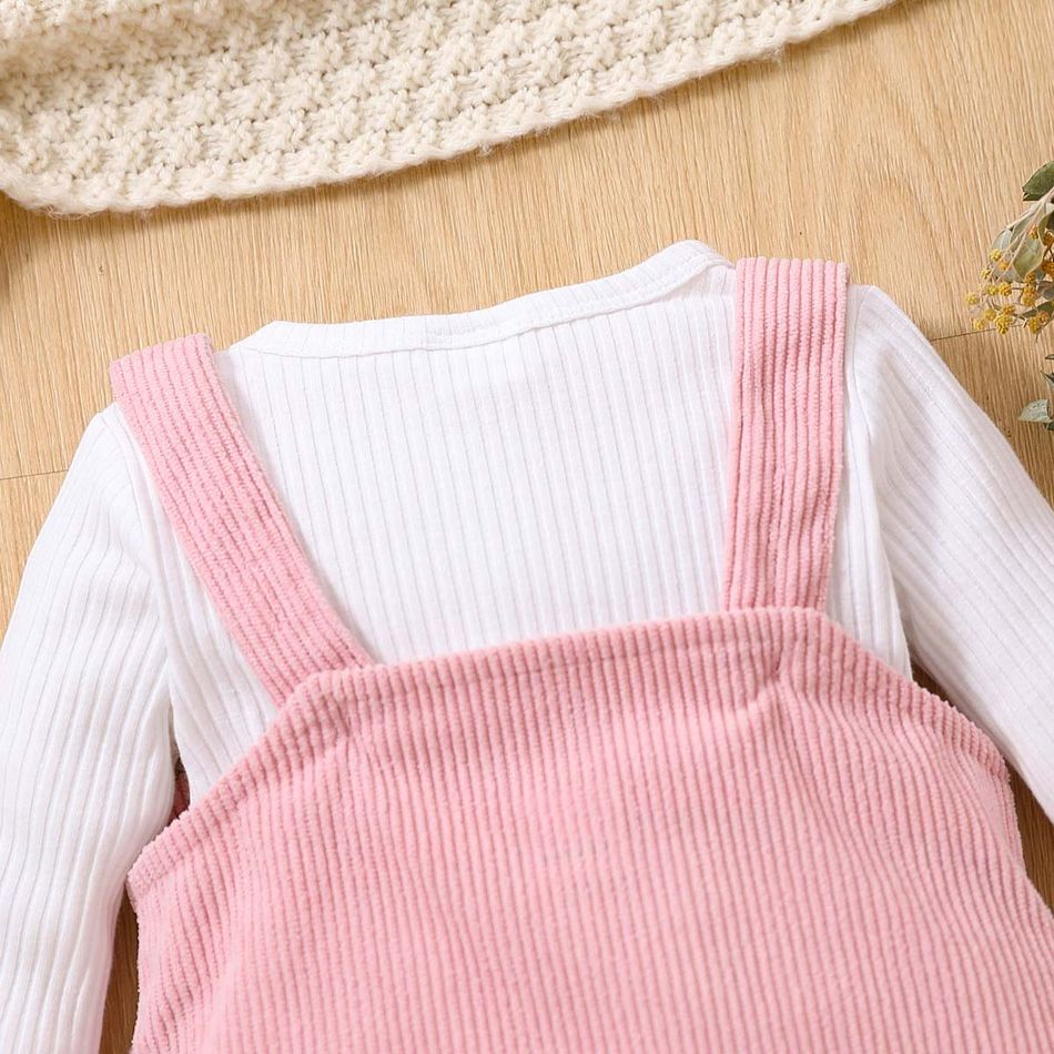 2pcs Baby Girl 95% Cotton Ribbed Long-sleeve Romper and Rabbit Design Corduroy Overall Dress Set PinkyWhite big image 10