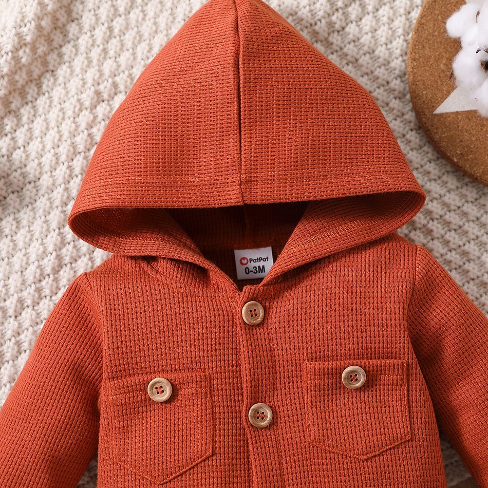 Baby Boy/Girl Solid Waffle Textured Hooded Long-sleeve Button Jumpsuit YellowBrown big image 4
