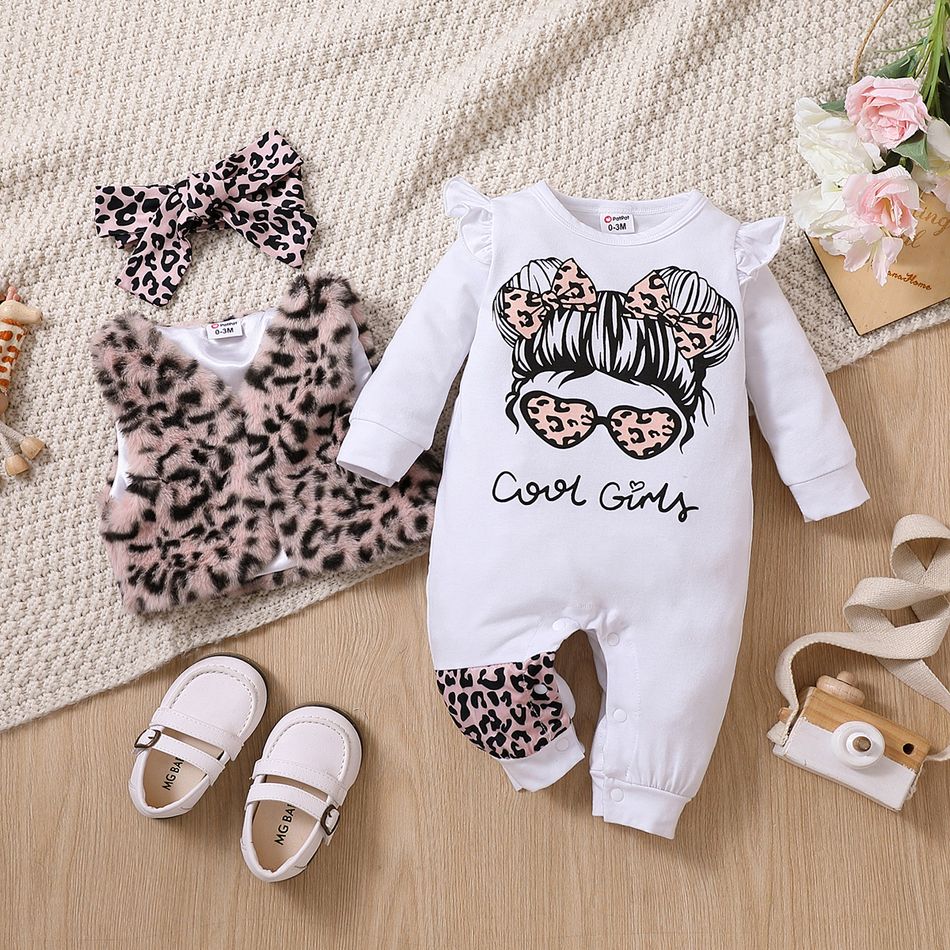 3pcs Baby Girl Cotton Ruffle Long-sleeve Graphic Jumpsuit and Leopard Fuzzy Vest with Headband Set OffWhite big image 2