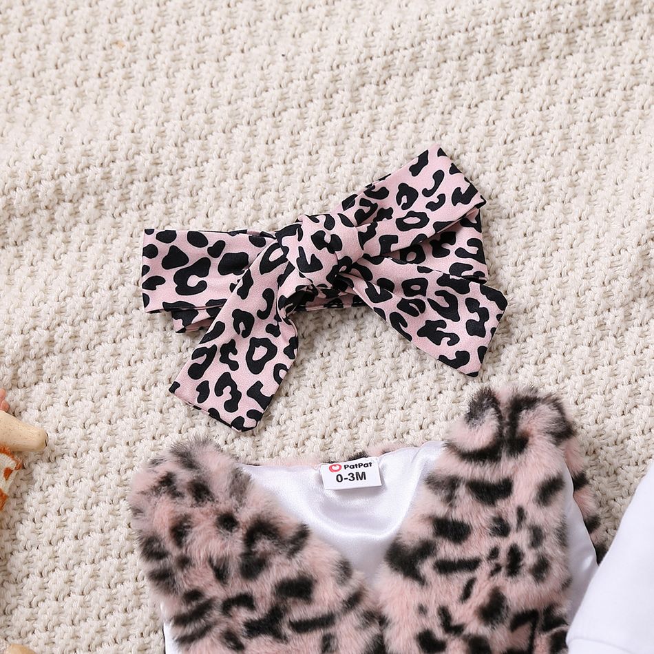 3pcs Baby Girl Cotton Ruffle Long-sleeve Graphic Jumpsuit and Leopard Fuzzy Vest with Headband Set OffWhite big image 4