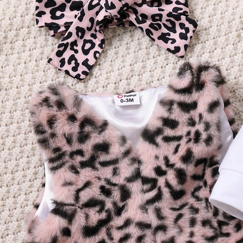 3pcs Baby Girl Cotton Ruffle Long-sleeve Graphic Jumpsuit and Leopard Fuzzy Vest with Headband Set OffWhite big image 5