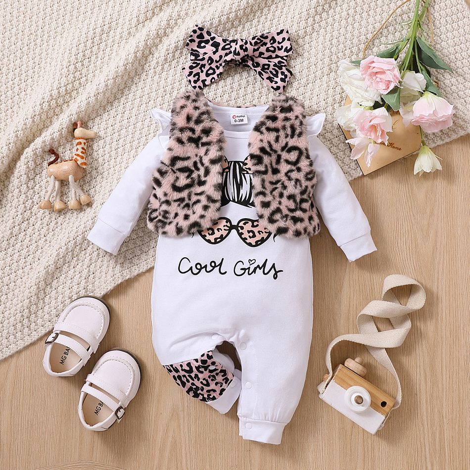 3pcs Baby Girl Cotton Ruffle Long-sleeve Graphic Jumpsuit and Leopard Fuzzy Vest with Headband Set OffWhite