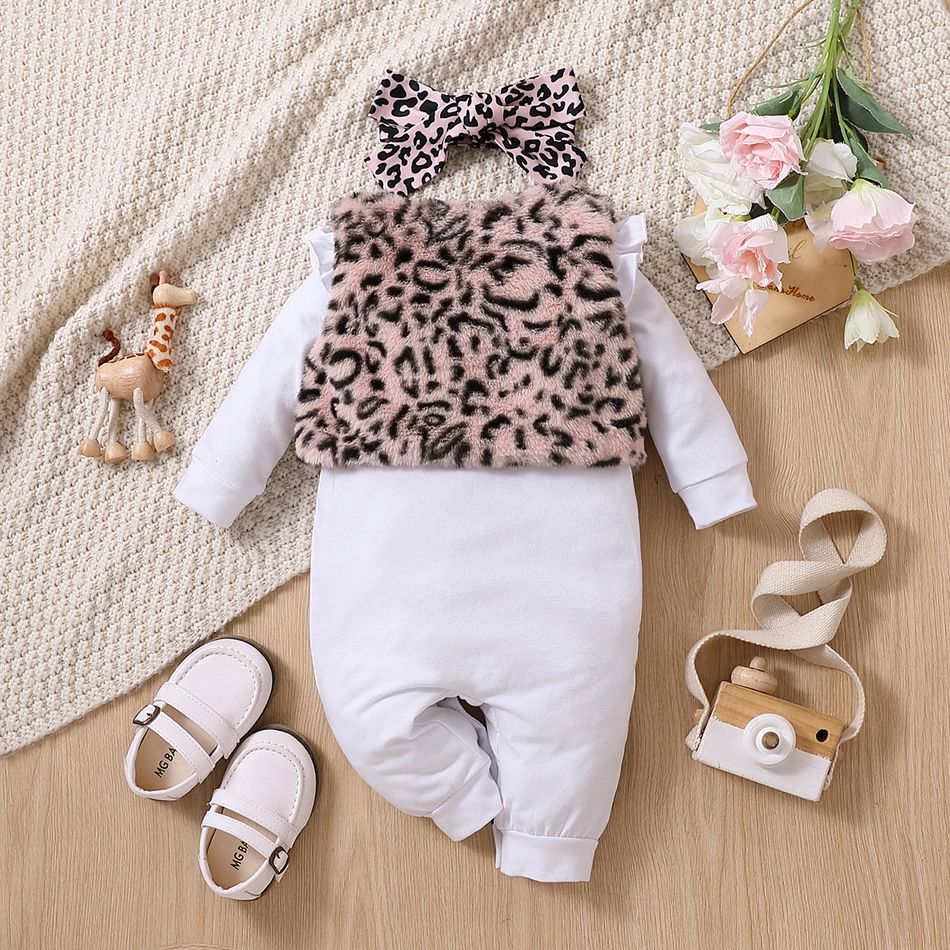 3pcs Baby Girl Cotton Ruffle Long-sleeve Graphic Jumpsuit and Leopard Fuzzy Vest with Headband Set OffWhite big image 3