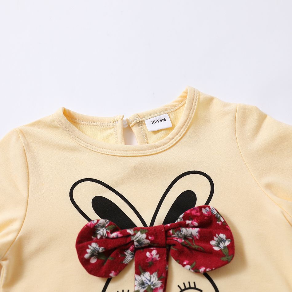 Baby Girl 95% Cotton Long-sleeve Cartoon Rabbit and Floral Print Bowknot Faux-two Dress Red big image 5