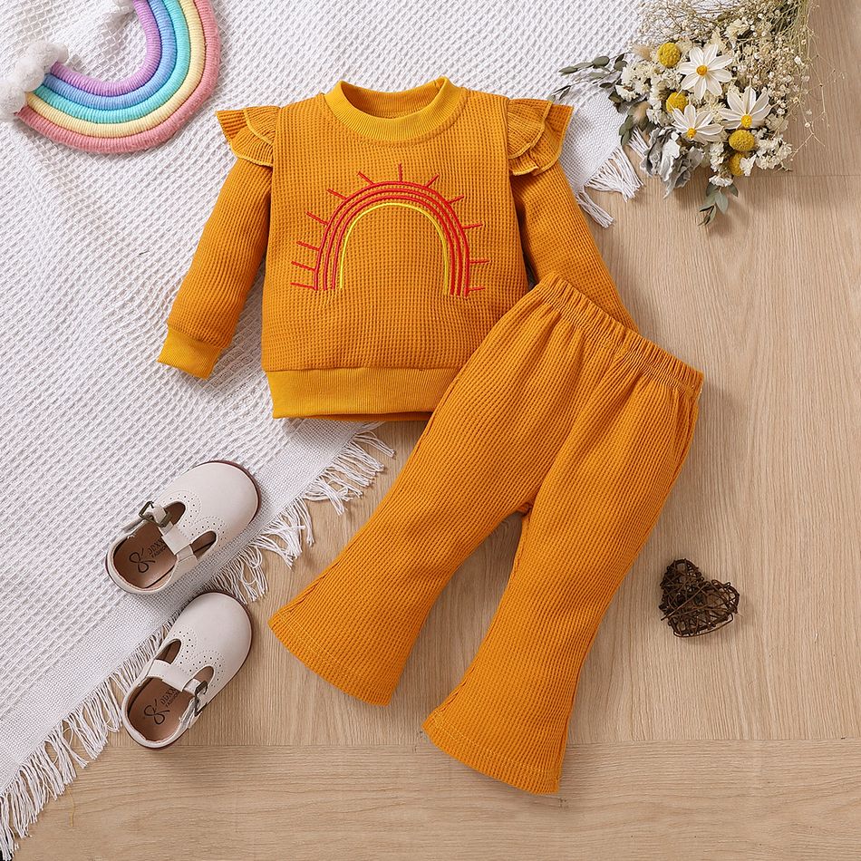 2pcs Baby Girl Rainbow Embroidered Waffle Textured Ruffle Trim Long-sleeve Top and Flared Pants Set Ginger