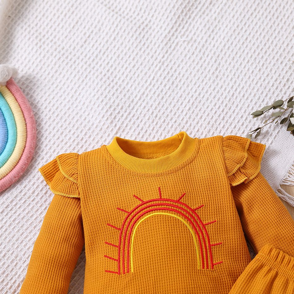 2pcs Baby Girl Rainbow Embroidered Waffle Textured Ruffle Trim Long-sleeve Top and Flared Pants Set Ginger big image 3