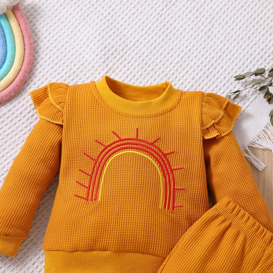2pcs Baby Girl Rainbow Embroidered Waffle Textured Ruffle Trim Long-sleeve Top and Flared Pants Set Ginger big image 4