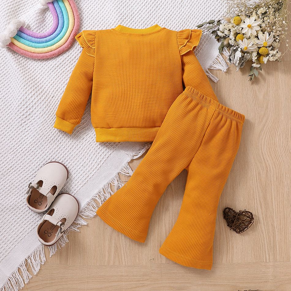 2pcs Baby Girl Rainbow Embroidered Waffle Textured Ruffle Trim Long-sleeve Top and Flared Pants Set Ginger big image 2