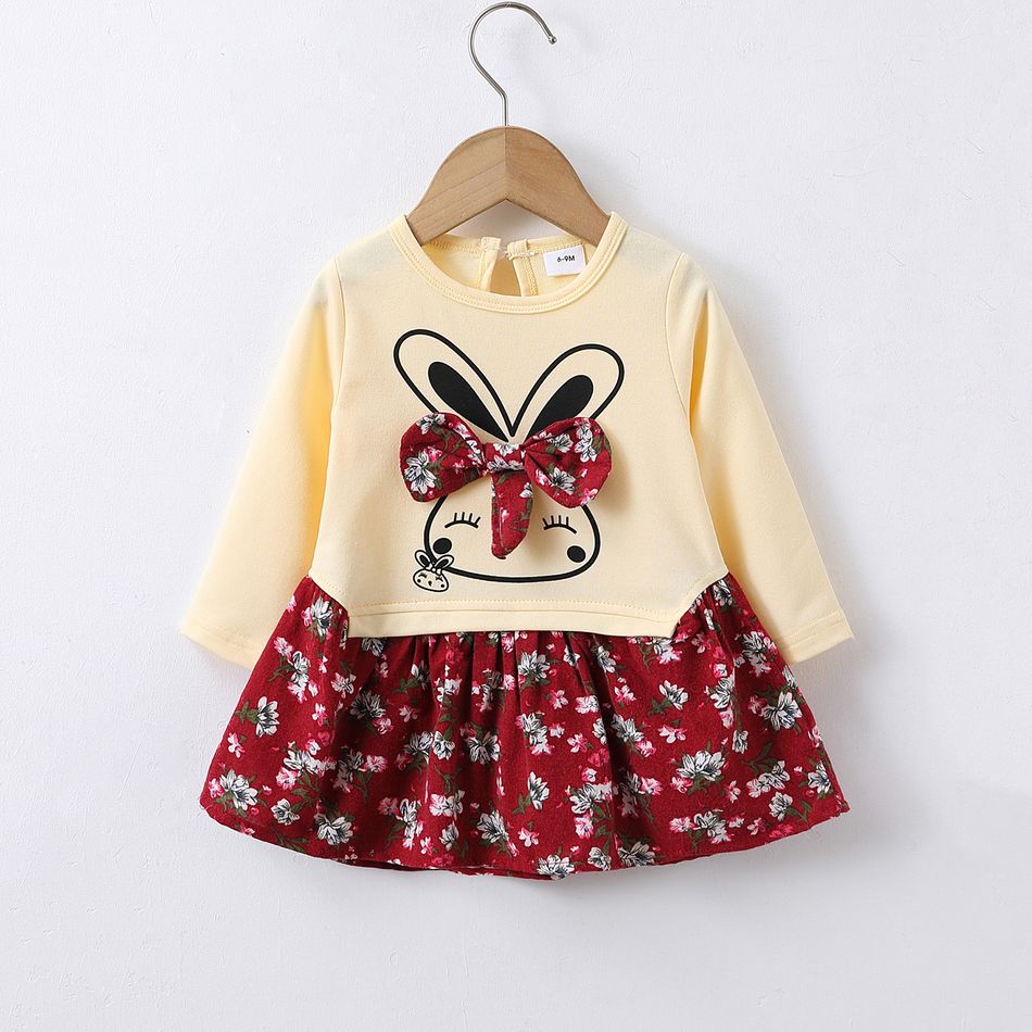 Baby Girl 95% Cotton Long-sleeve Cartoon Rabbit and Floral Print Bowknot Faux-two Dress Red big image 7