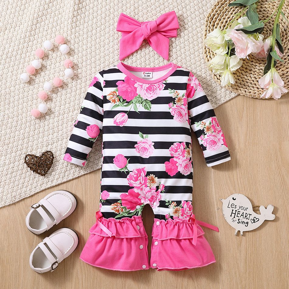 2pcs Baby Girl Allover Floral Print Striped Long-sleeve Bell Bottom Jumpsuit & Headband Set PINK-1