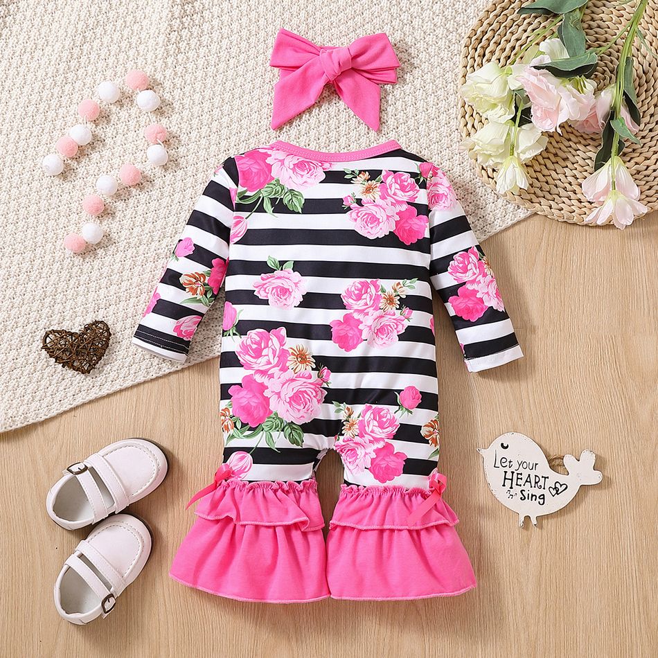 2pcs Baby Girl Allover Floral Print Striped Long-sleeve Bell Bottom Jumpsuit & Headband Set PINK-1 big image 2