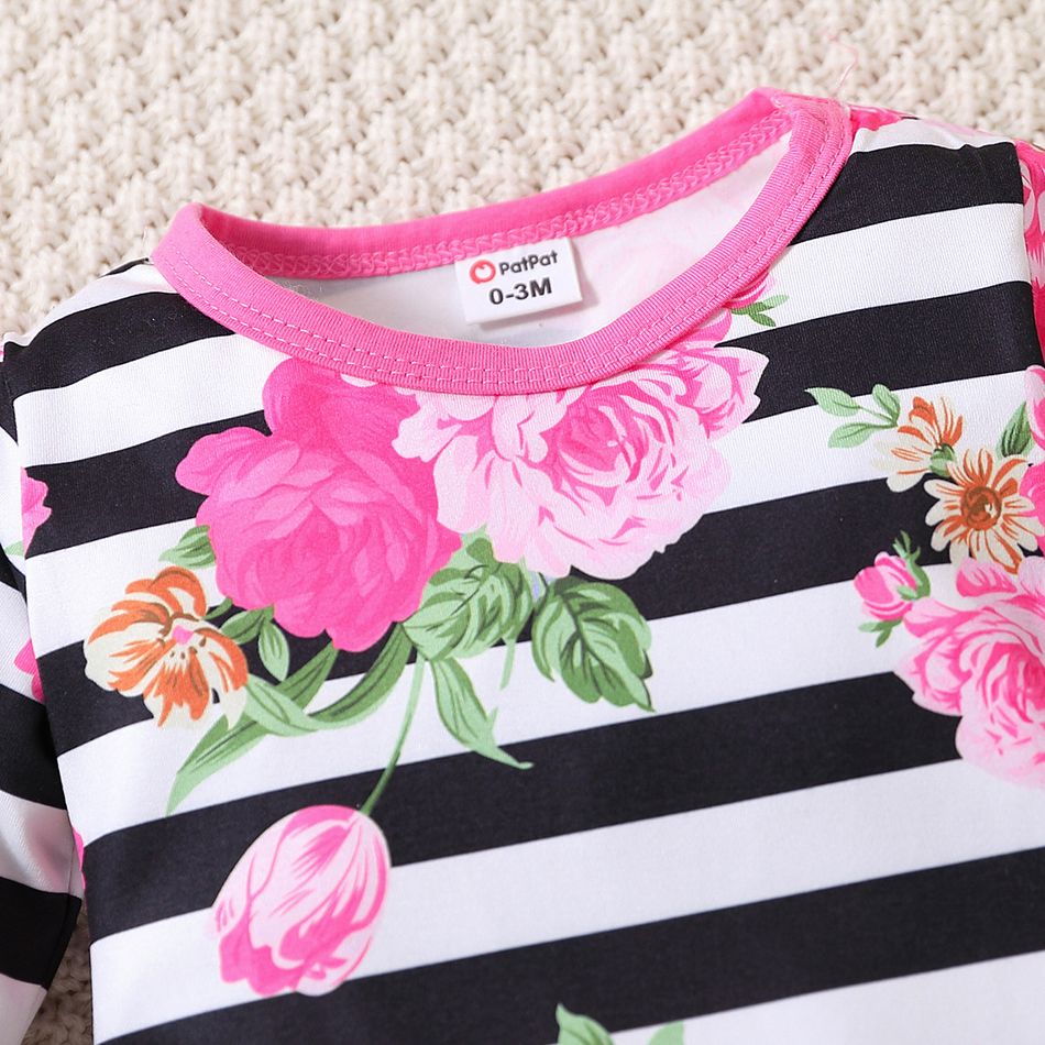2pcs Baby Girl Allover Floral Print Striped Long-sleeve Bell Bottom Jumpsuit & Headband Set PINK-1 big image 3