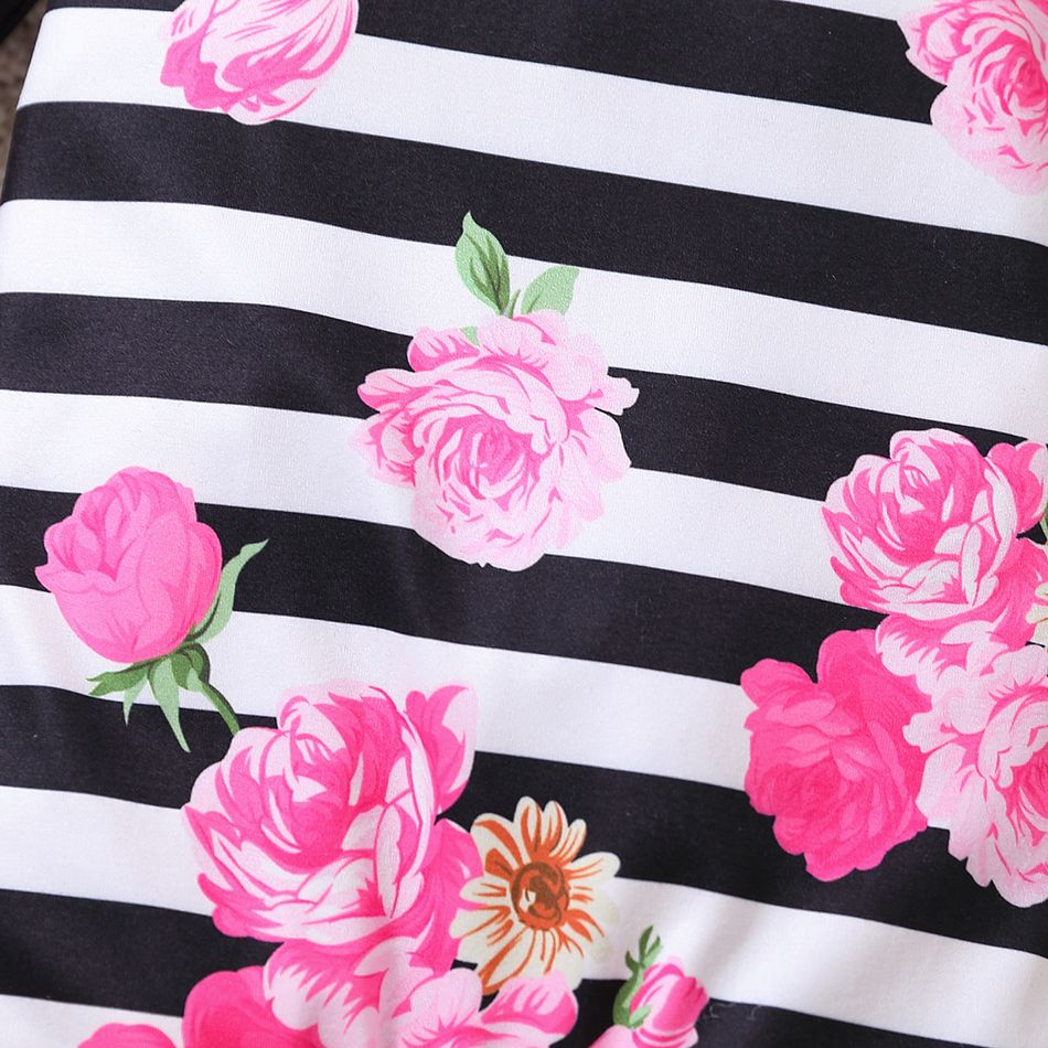 2pcs Baby Girl Allover Floral Print Striped Long-sleeve Bell Bottom Jumpsuit & Headband Set PINK-1 big image 4