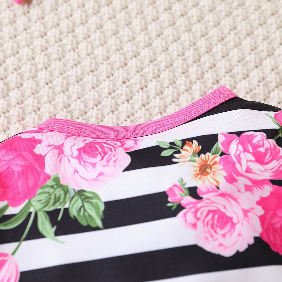 2pcs Baby Girl Allover Floral Print Striped Long-sleeve Bell Bottom Jumpsuit & Headband Set PINK-1 big image 7