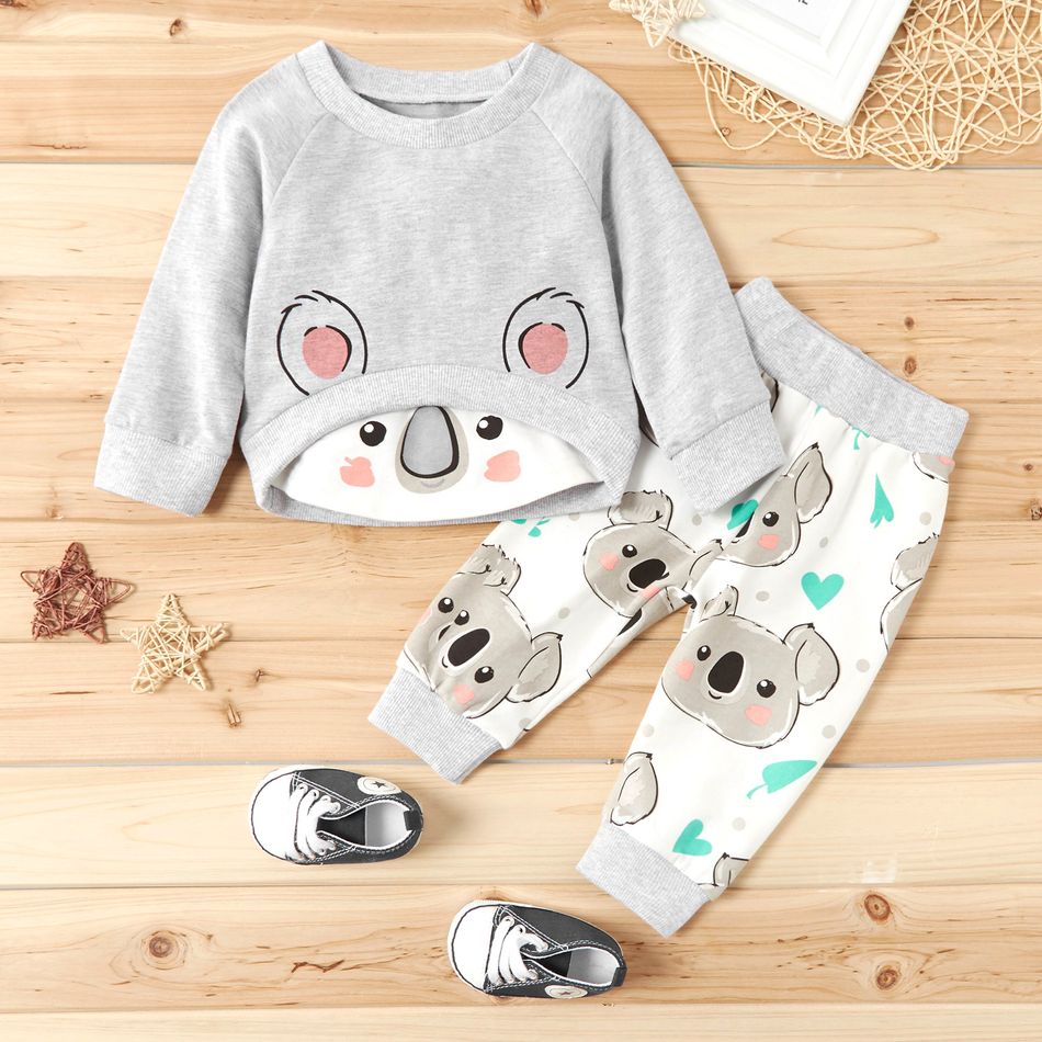 2pcs Koala Print Long-sleeve Grey Baby Set Grey