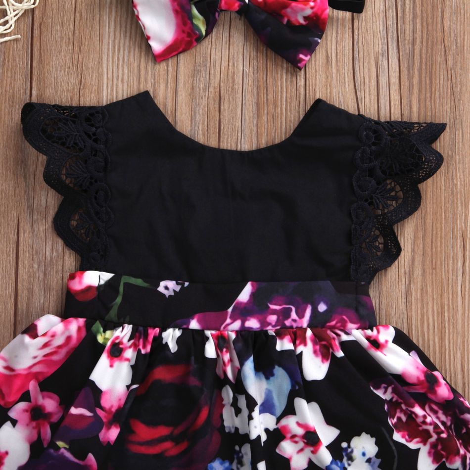 2pcs Baby Girl 95% Cotton Lace Flutter-sleeve Floral Print Romper with Headband Set Black big image 2