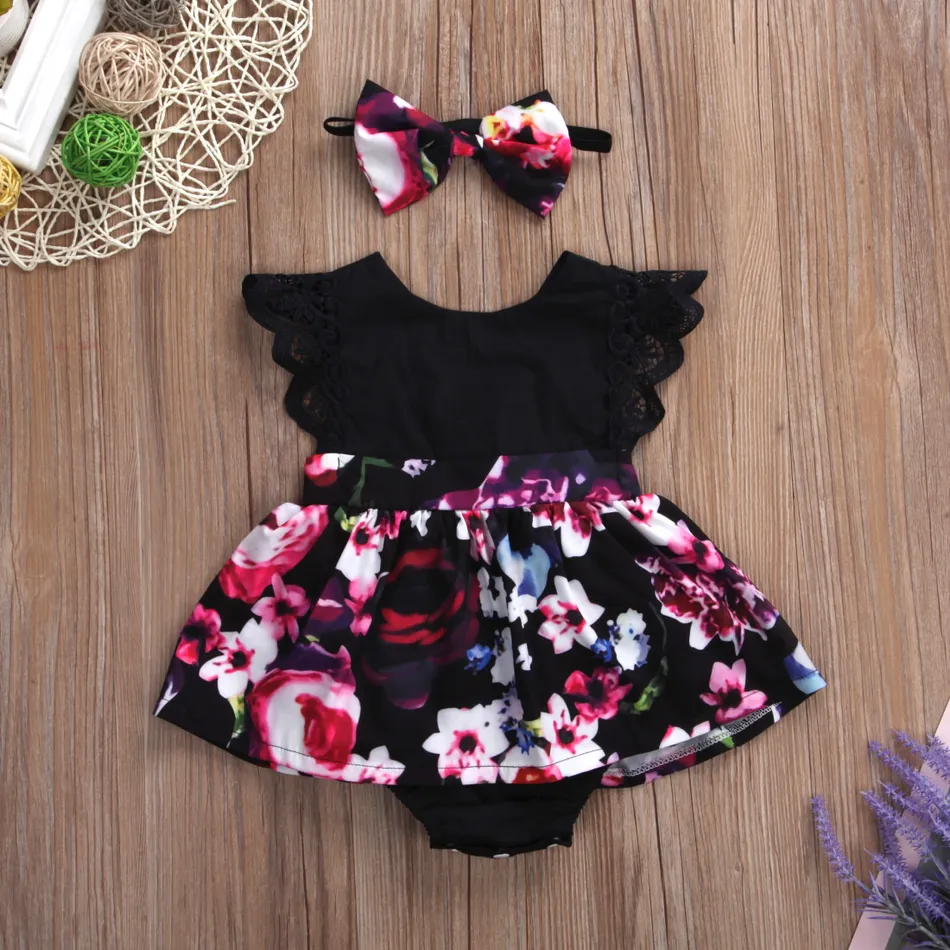 2pcs Baby Girl 95% Cotton Lace Flutter-sleeve Floral Print Romper with Headband Set Black