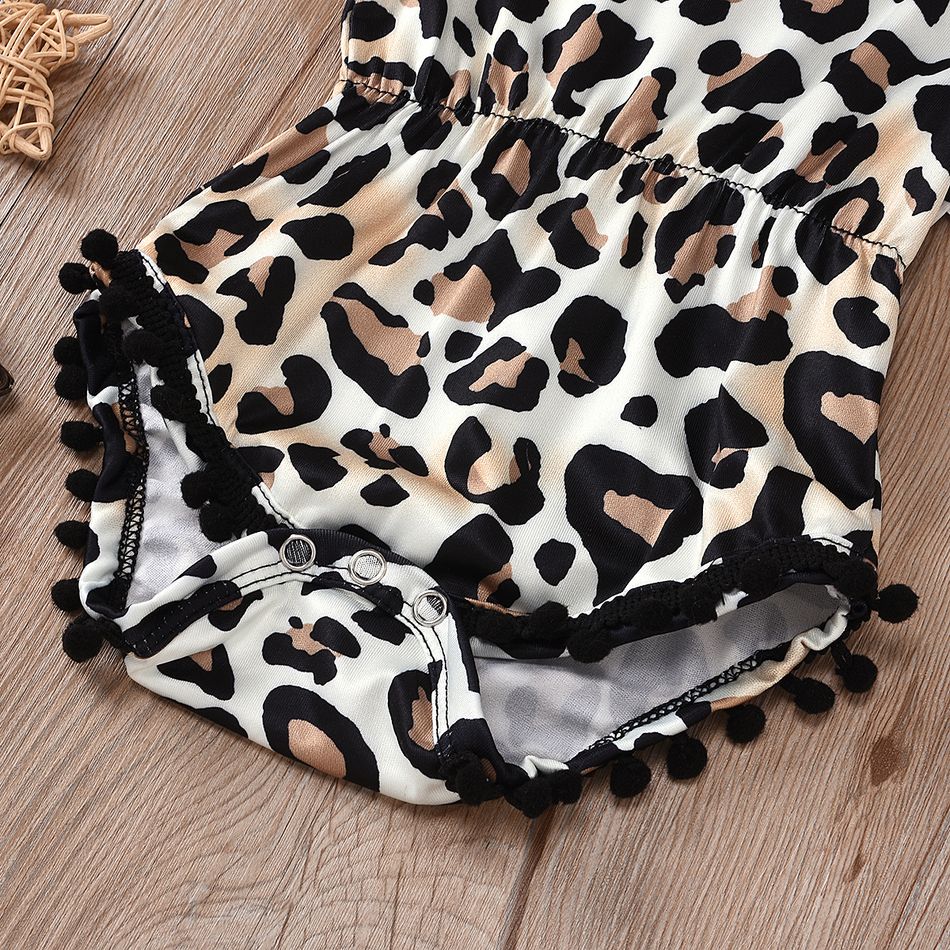 2pcs Leopard Print Pompon Decor Sleeveless Baby Set Black big image 3