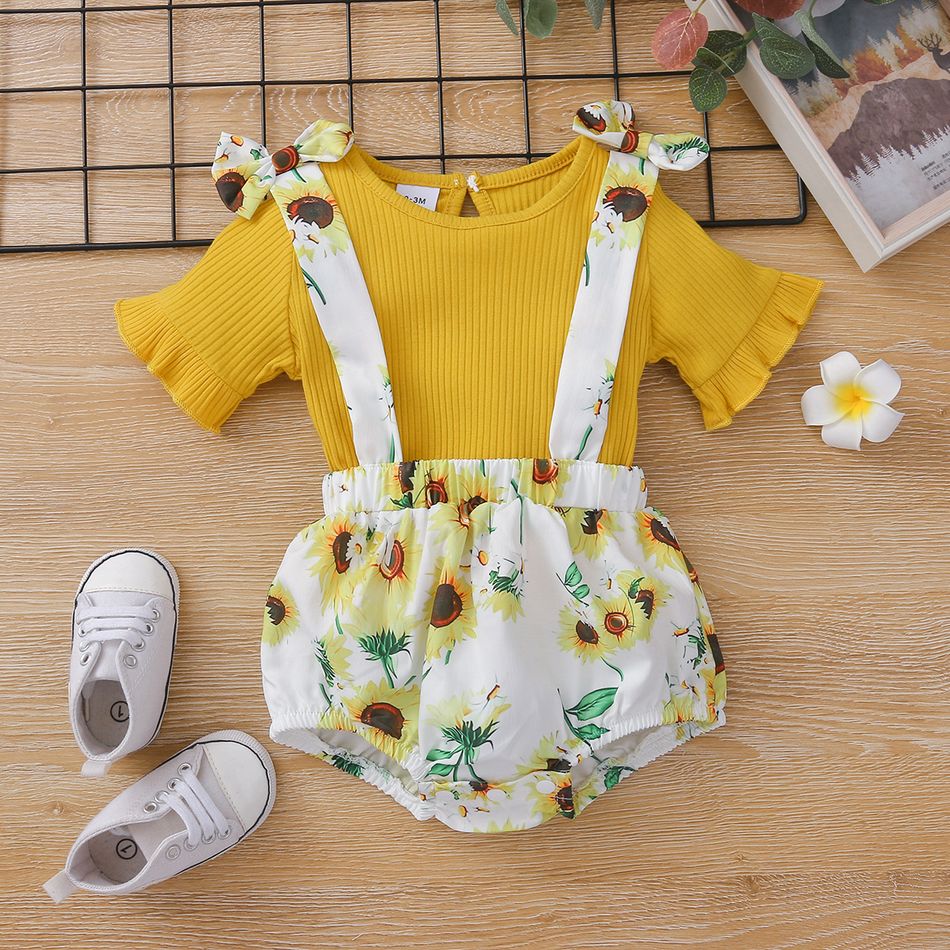 2pcs Baby Girl Short-sleeve Cotton  Sweet Floral Baby's Sets Yellow big image 3