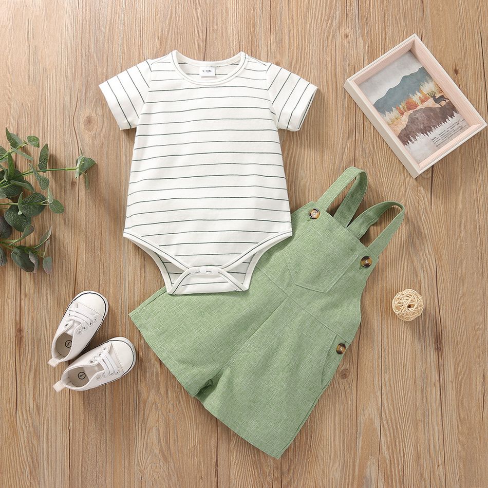 2pcs Stripe Print Pocket Decor Short-sleeve Baby Set Green