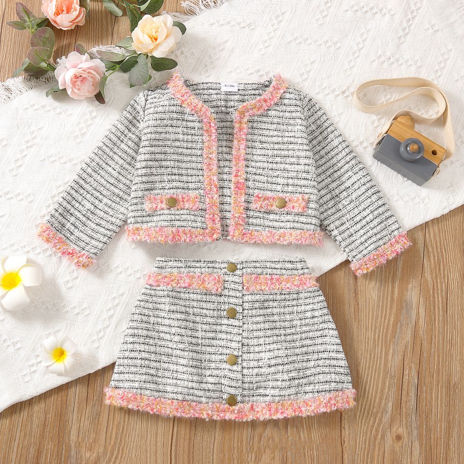 2pcs Baby Princess Outfits Long Sleeve Plaid Jacket Coat and Mini Skirt Set White
