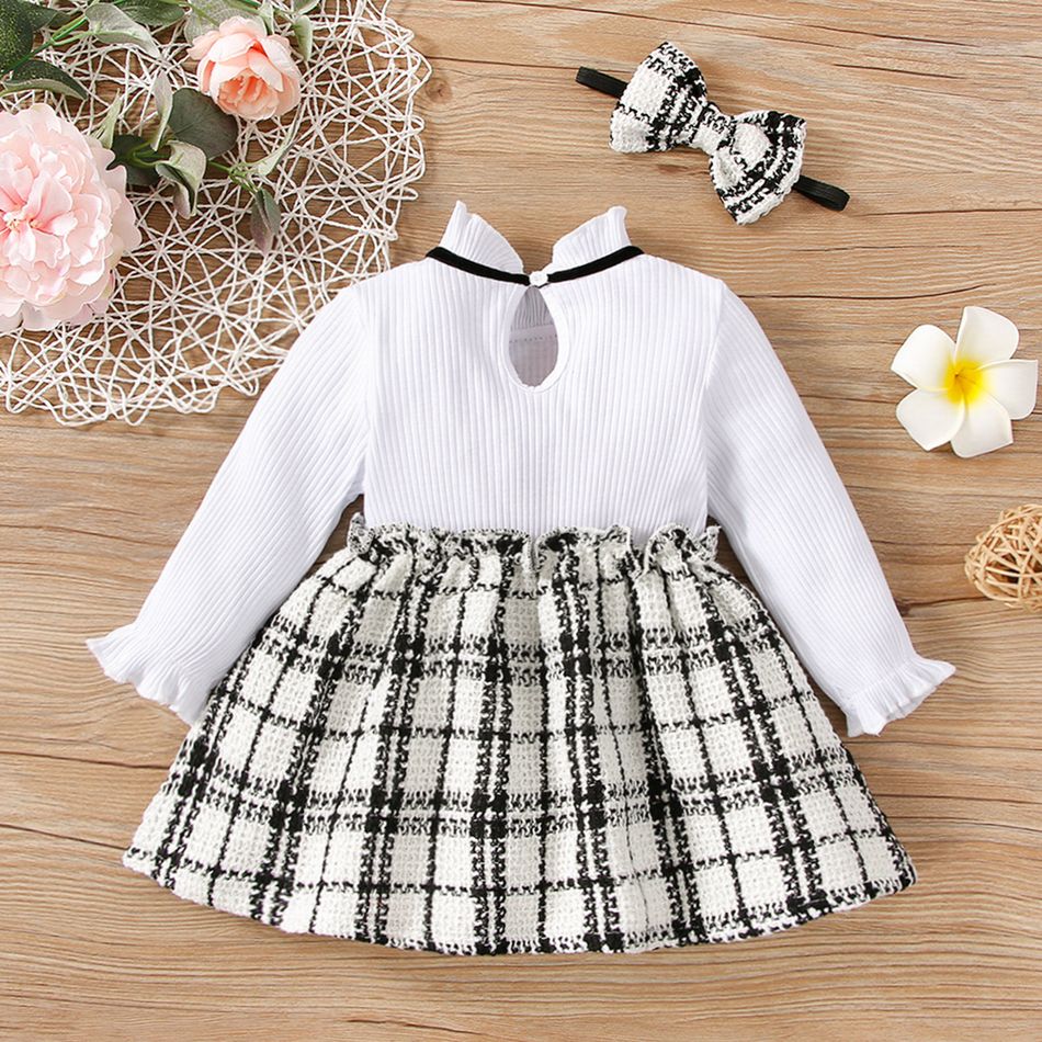 2pcs Baby Ribbed Frilly Collar Long-sleeve Splicing Faux-two Plaid Princess Dress Set White
